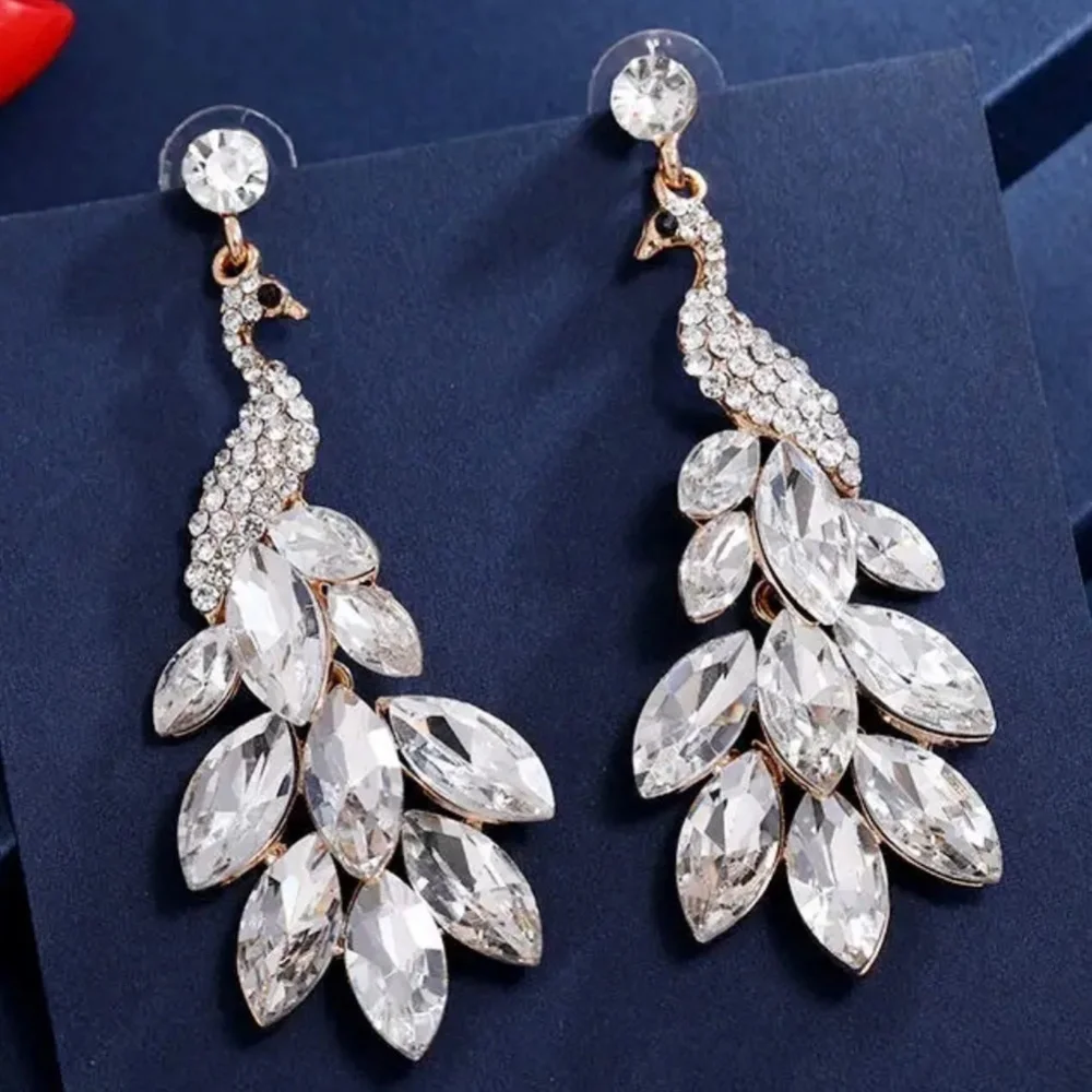 Peacock Statement Dangle Earrings Sparkly Rhinestone Glam I NWT